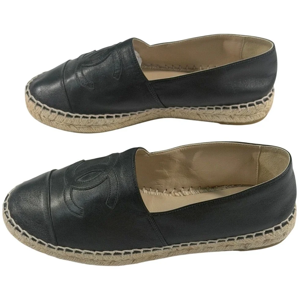 CHANEL Lambskin Espadrilles Black CC 37 Auth New w/o Box Leather Flats Slip-On